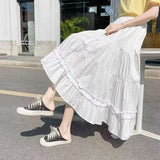 SHOPMOCHO-Casual Vintage Women Skirt Matching Chic Lady's White Skirt Sweet Girl's Cake Skirt Elastic Waist A-Line Mid Length Flare Skirt