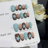 Shopmocho 10pcs Handmade French Short Press On Nails Blue Brown Polka Dot Bow Star Design Fake Nail Wearable Nail Art Tips for Girls
