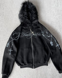 Shopmocho American Retro Rock Gothic Graphic Fur Collar Loose Zipper Sweatshirt Men's Y2K New Harajuku Punk Casual Joker Hoodie Streetwear