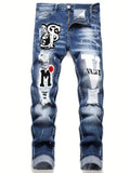 SHOPMOCHO Men y2k Stretchy Denim jeans Ripped Skinny Letter Print elastic waist Casual pants for men Hole Slim Fit Denim Hip Hop Trousers