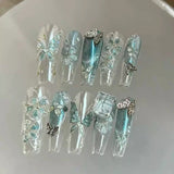 SHOPMOCHO 10Pcs Fashion Gentle Handwork Press On Nails French Style Flowers Butterfly Rhinestone Pearl Design Detachable False Nails Gift