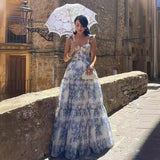 Shopmocho Floral Print Sleeveless Backless Lace Up Midi Prom Dress Women Elegant High Waist A Line Evening Dresses 2025 Summer Outfits