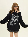 Shopmocho Winter American New Green Bow Neck Sweater Women Loose Print Pattern Vintage High Street Lazy Wind Knitted Sweater