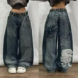 Shopmocho American Fashion Trend Joker Pattern Embroidered Loose Jeans Women Street Y2K New Hip Hop Oversized Wide-leg Pants Unisex Jeans