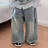 SHOPMOCHO Korean Children's Jeans Loose Straight Pants Wide Leg Cargo Pants for Boys Girls New Spring Autumn Kid's Denim Pocket Trousers