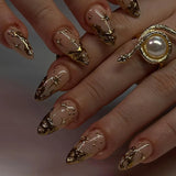 SHOPMOCHO 24pcs French Almond Press on Nails Blue False Nails Star Pattern Wearable Stick-on Nails Fake Nail Uñas Накладные Ногти 네일팁
