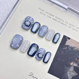 SHOPMOCHO 10pcs Handmade Press on Nails Christmas Frozen Blue Cat-Eye Full Coverage Nail Tips for Women&Girl Removable Wearable Nail Art