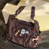 Shopmocho Korean Nylon Shoulder Bag Fashion Simple Plaid Zipper Tote Bag Drawstring Pleated Cloud Bag New Commuter Crossbody Shoulder Bag