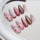 SHOPMOCHO 24Pcs Peach Blossom Press on Nails Cat's Eye Nude Glitter False Nail for Women&Girl Spring and Summer Detachable Wearable Nail