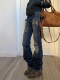 SHOPMOCHO American Style Spicy Girl Design with Rivet Splicing Jeans, Women New Retro Distressed Floor Length Pants