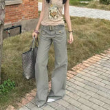 SHOPMOCHO Retro New Belt Design Pocket Gray Women Work Pants Fashionable High Street Harajuku Loose Straight Leg Floor Pants