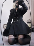 SHOPMOCHO Winter New Japanese Slim Bow Long Sleeve Coat Fashion Elegant Fur Collar Lace Overcoat Women Design Chic Sweet Woolen Cloth Coat