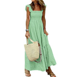 Shopmocho Elegant Plaid Slip Maxi Long Dress Summer Women Strapless Ruffle Backless Pleated Elastic Waist Boho Party Swing Loose Dresses