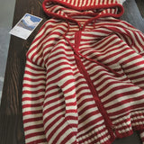 SHOPMOCHO Contrast Color Stripe Hood Knit Cardigan Women Autumn and Winter New Loose Design Sense Long Sleeve Cardigan Sweater Outerwear