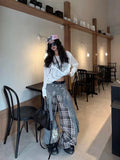 SHOPMOCHO American Street Plaid Patchwork Gray Jeans for Women 2026 Loose Straight Wide Leg Pants Y2k High Waist Women's Clothing