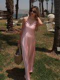 Shopmocho Women Off Shoulder Pink Satin Maxi Dresses Fashion Sleeveless Backless Bodycon Hollow Out Gowns Female Evening Party Robes 2025
