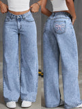 SHOPMOCHO Women's Back Pocket Bow Embroidered Fashionable Wide Leg Pants Versatile Washed Denim Trousers