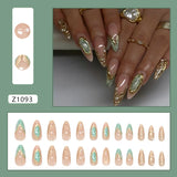 SHOPMOCHO 24pcs False Nails Glossy Green Summer Almond Fake Nail Tips Wearable Detachable Fashion Flower Print Press on Nails for Girl