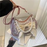 SHOPMOCHO White Folds Pearl Female Bag Retro Luxury Designer Handbag Bow Crossbody Bags Fashion Y2K Vintage Women's Shoulder Bag Purses