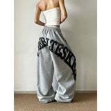 SHOPMOCHO Women Grey Baggy Wide Leg Sweatpants American Letter Print Pants Harajuku Japanese 2000s Style Vintage Y2k Casual Trouse