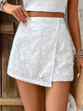 Shopmocho Plus size ladies elegant white shorts flared hem non-elastic culottes hand washable four seasons casual wear lace texture