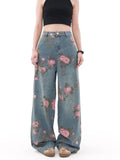 SHOPMOCHO 2025 Ropa Y2K Fashion Peach Blossom Printed Baggy Jeans Pants For Women Clothing Wide Leg Casual Lady Trousers Pantalon Femme