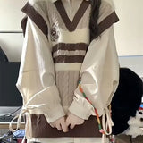 Shopmocho Preppy Style Spring Autumn Women Knit Vest Bandage Shirts Wide Leg Pants Three Piece Set Lady Patchwork Tank Sweater Jeans Suits