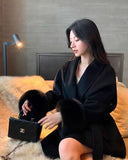 SHOPMOCHO American Fashionable V-neck Lapel Furry Sleeves Lace-up Long-sleeved Woolen Coat Elegant Lace-up Long-sleeved Wool Coat