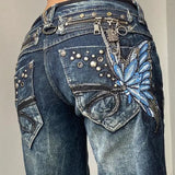 SHOPMOCHO American Fashion High Street Large Size Butterfly Embroidered Women Jeans Y2K Millennium Harajuku Slim Flared Jeans