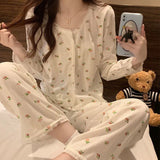 SHOPMOCHO Floral Long Sleeve Fitting Sleepwear Two-piece Set Spring Autumn Lace Trim Cotton Pajama Women Cute Casual Outable Home Suit Set