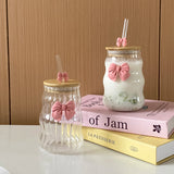 Shopmocho 1Pc Glass with Lid and Straw, Elegant Bow Girl's Glass Cup, Wavy Glass with Lid, Stripesd Glass Cup for Home Decoration, Home Drinking Water, Breakfast Cup, Milk Cup, Afternoon Tea Coffee Cup, Valentine's Day Gift