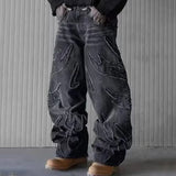 SHOPMOCHO Street Gothic Retro High Waisted Wide Leg Trousers 2025 Y2k Hip Hop Baggy Jeans Men's Street Fashion Raw Edge Embroidered Jeans