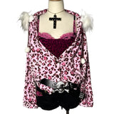 SHOPMOCHO Y2k new kawaii pink leopard print plush warm women zipper sweatshirt high street Harajuku cute casual zipper hoodie