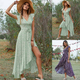 Shopmocho New Style Elegant Long Dress Women's Short-sleeved V-neck Bohemian Strappy Holiday Dress