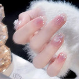Shopmocho 24Pcs Glitter Diamond Press On Nails Sweet Cute Girl Acrylic Nails Full Cover Short Square Fake Nails Wearable Manicure Nail Tip