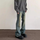 SHOPMOCHO Vintage American Style Men's Straight-Leg Slimming Long Jeans Distressed Washing Denim Pants Trendy Brand Bootcut Pants
