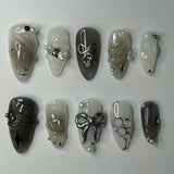 Shopmocho 24pcs Sweet False Nail Patches Detachable Fake Nail Tips With Bowknots Love Heart Pearl Design Pink Almond Korean Press On Nail