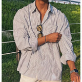 Shopmocho Men's Blue Vertical Striped Long-Sleeved Shirt, Korean Style High Quality Casual  Shirt Coat， Travel ，Hiking