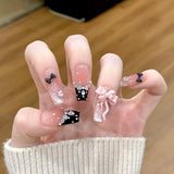 SHOPMOCHO 10pcs Aurora Cat Eye Handmade Press on Nails Pink Cherry Blossom False Nails Crystal Flower Pearl Fake Nails French Coffin Nail