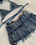 Shopmocho Retro Street Fashion Washed Denim Two-Piece Skirt Set Women Hip Hop Harajuku Goth Halves Neck Top Mini Pleated Skirt Trendy Set