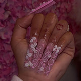 Shopmocho 24pcs Rhinestones Full Cover Nail Art Datachable Glitter French Press on Nails Tip Flower Long Square Fake Nail Pink False Nails