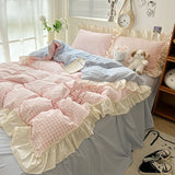 SHOPMOCHO Ruffled Pink Blue Duvet Cover Set Twin Queen Washed Microfiber Ultra Soft Bedding set Grid Duvet Cover Bed Sheet 2 Pillowcases