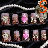 SHOPMOCHO 10PCS Diamond French Pointed Nail Short Square Nail Nude Fake Nail With Gold Glitter Diamond Nail Leopard Print Fake Nail