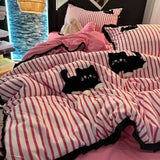 SHOPMOCHO Korean Style Bedding Set Green Strip Black Cat Embroidery Washed Cotton  Duvet Cover Cute Cardboard  Bed linen Comforter Sets