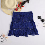 Shopmocho Handmade Crochet Hollow Out Swimwear Cover Up Solid Color Drawstring Short Skirt Women Holiday Knitting Sweet Beachwear