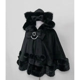 SHOPMOCHO Winter New Lolita Shawl Overcoat Women Design Bow Hooded Patchwork Kawaii Cope Coat Female Warm Chic Sweet Christmas Coat