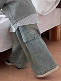SHOPMOCHO Korean Children's Jeans Loose Straight Pants Wide Leg Cargo Pants for Boys Girls New Spring Autumn Kid's Denim Pocket Trousers