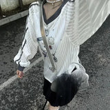 SHOPMOCHO Korean Y2k Butterfly Print T-shirts for Women Translucent Striped V Neck Long Sleeve Tee Shirt American Retro Oversize Clothes