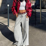 SHOPMOCHO American Retro College Style Loose Fit Two-Piece Set with Double Waist Head Fake Bathroom Pants for Sports Leisure 2025 Fashion