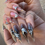 SHOPMOCHO Red Y2K Wearable Nail Art Chic Silver Butterfly Love Metal Bead Almond False Nails Detachable Finished Fake Nails Press on Nails